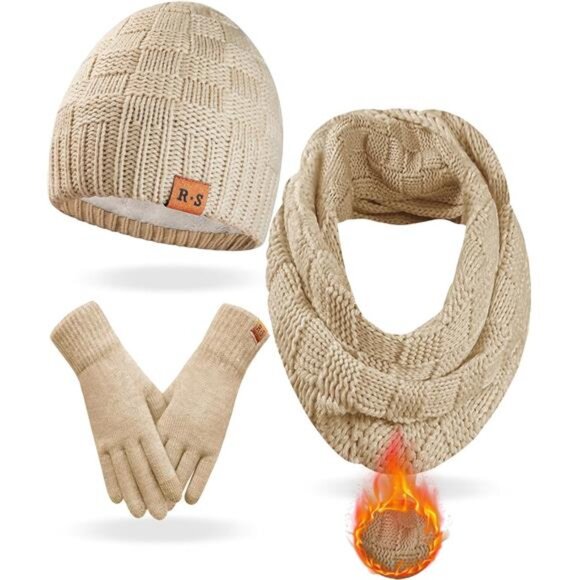 Women's Winter Warm Beanie Hat Touchscreen Gloves Scarf Set with Soft